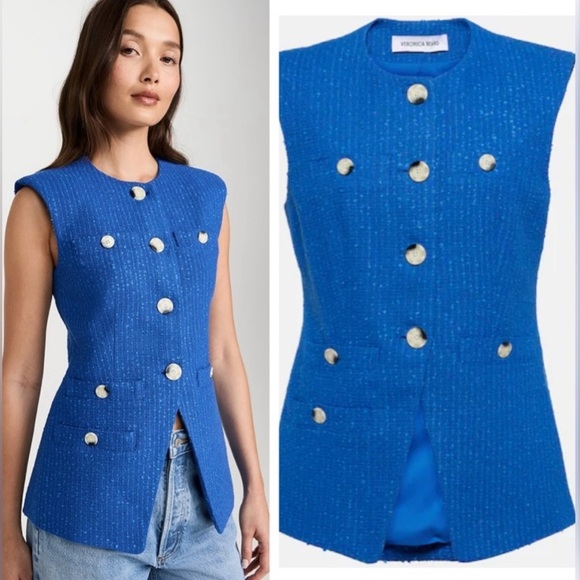 Veronica Beard Tamara tweed cotton blend vest cobalt - Picture 1 of 11